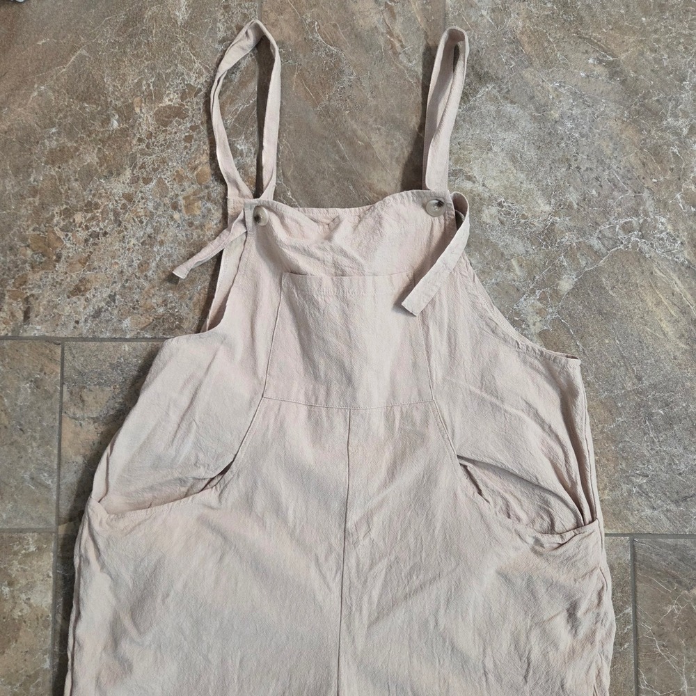 Womens Cotton Wide Leg Overalls Beige Neutral Relaxed Fit Bib Jumpsuit Large - Picture 6 of 9